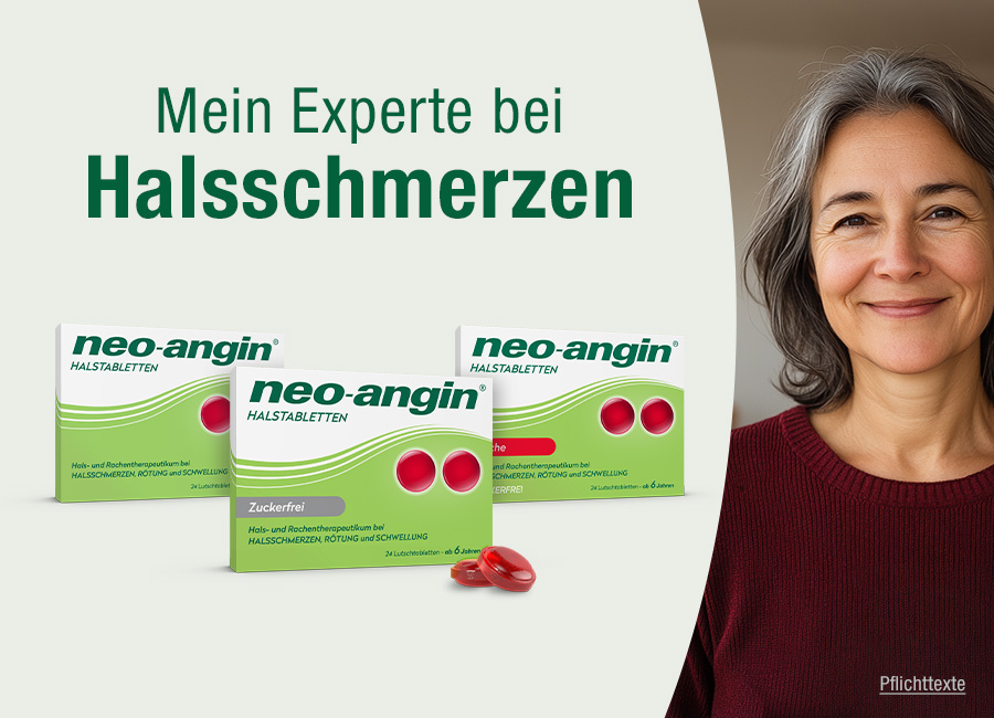 Frau mit rotem Pullover vor Packungen neo-angin Halstabletten. Text: Mein Experte bei Halsschmerzen.