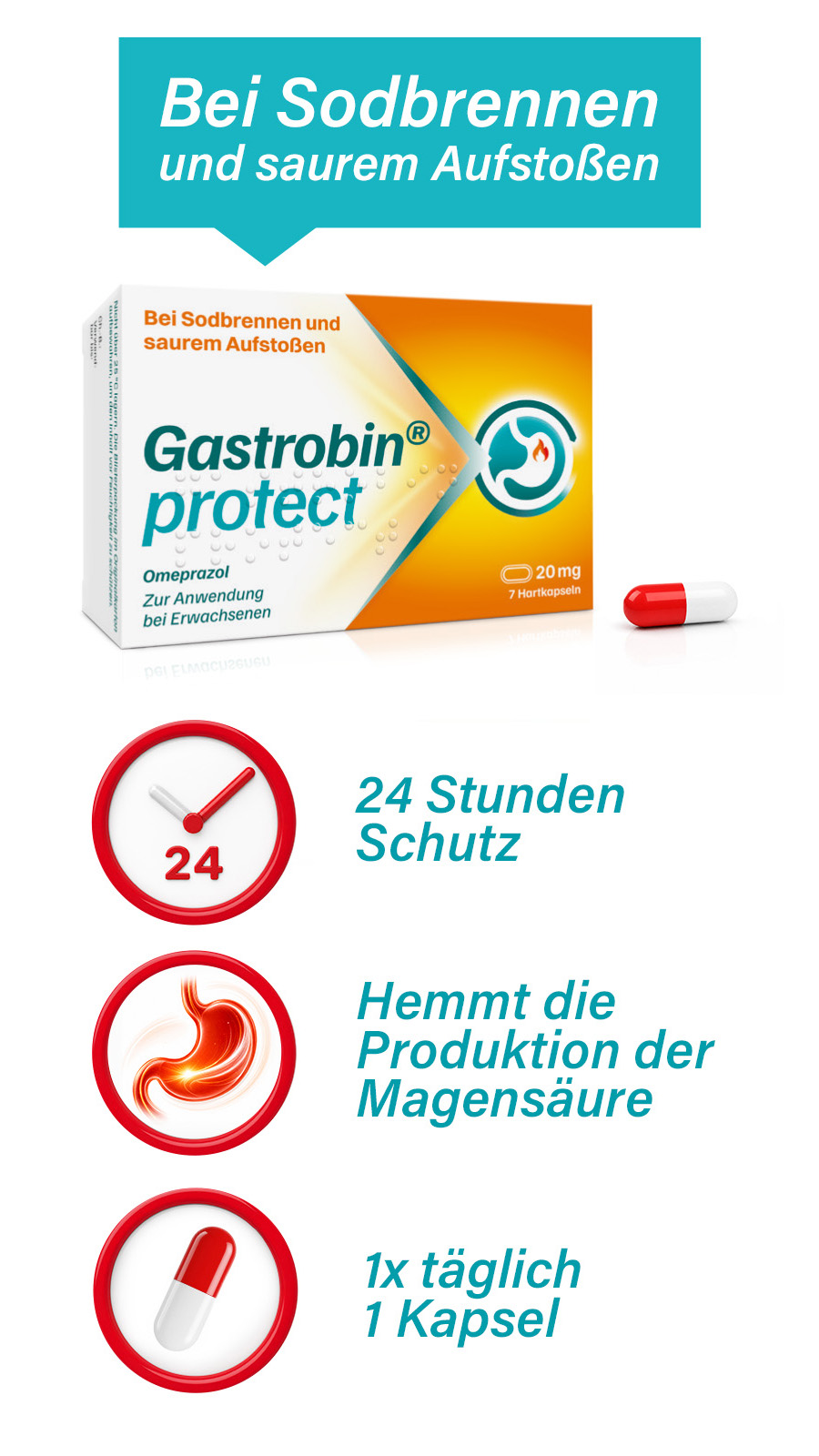 Packung Gastrobin® protect 20 mg, 7 Hartkapseln, zur Anwendung bei Erwachsenen.