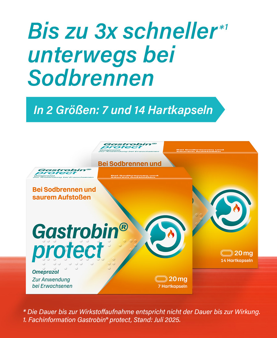 Packung Gastrobin® protect 20 mg, 7 Hartkapseln, zur Anwendung bei Erwachsenen.