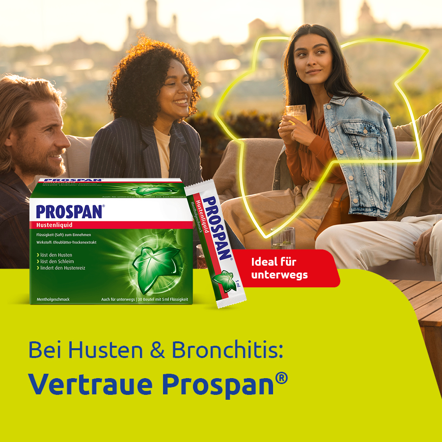 Personen im Freien, Prospan Hustenliquid-Packung und Beutel. Text: Bei Husten & Bronchitis: Vertraue Prospan.