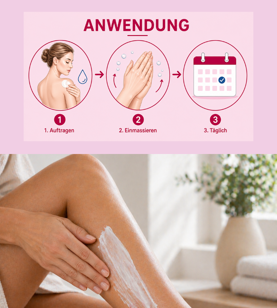 Anwendung der EUBOS Urea Körperlotion. Drei Schritte.