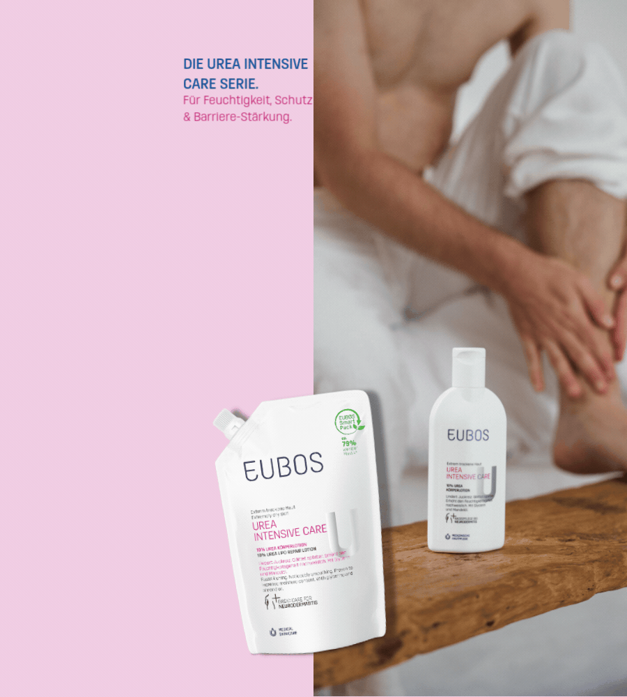 EUBOS Urea Intensive Care Serie. Produktabbildung mit Person.