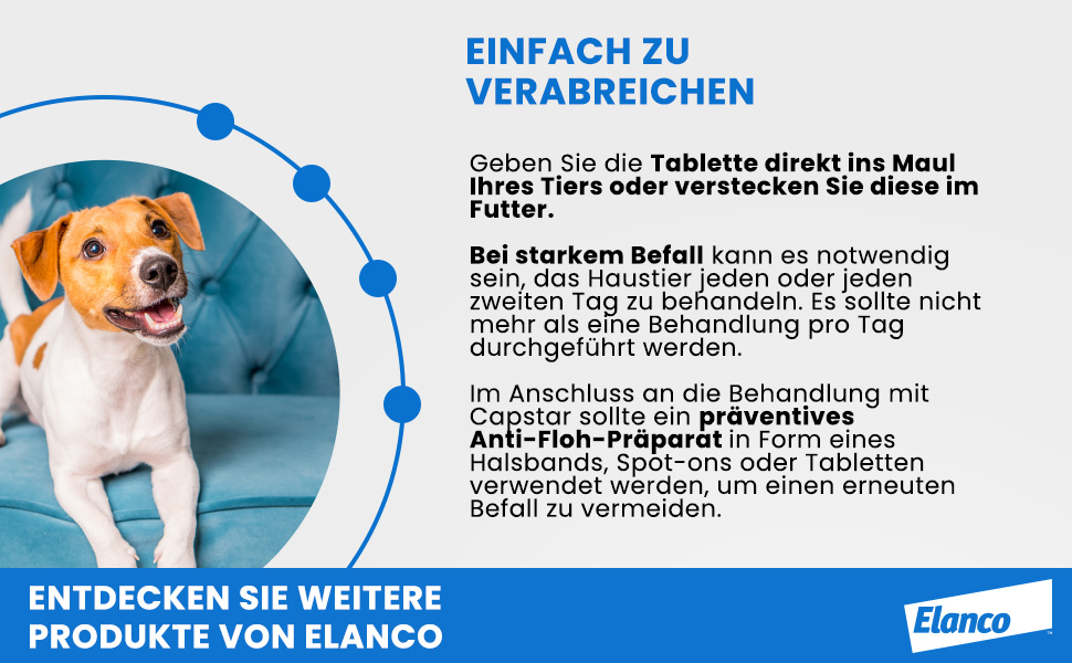 Hund auf Sofa, Text: Einfach zu verabreichen. Geben Sie die Tablette direkt ins Maul. Entdecken Sie weitere Produkte von Elanco.