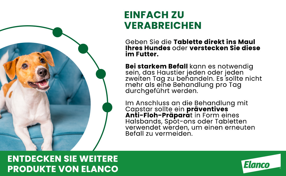 Infografik: Einfach zu verabreichen. Tablette direkt ins Maul oder im Futter. Weitere Produkte von Elanco.