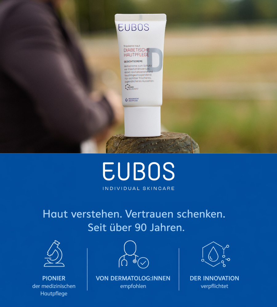 Frau mit Creme. Text: EUBOS. Haut verstehen. Vertrauen schenken. Seit über 90 Jahren.