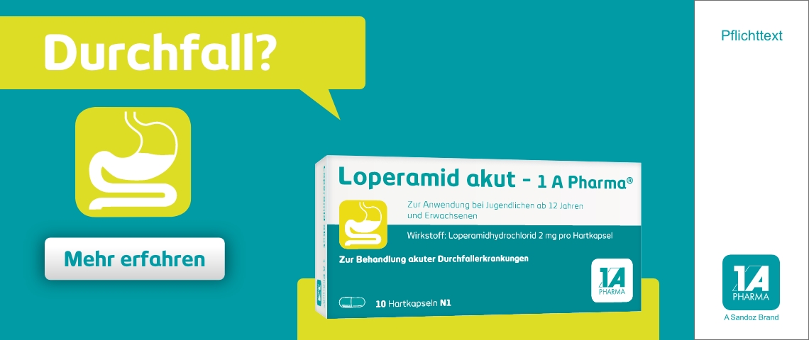 Werbung für Loperamid akut - 1 A Pharma®. Schachtel, Darm-Symbol, Text. Sandoz Brand.