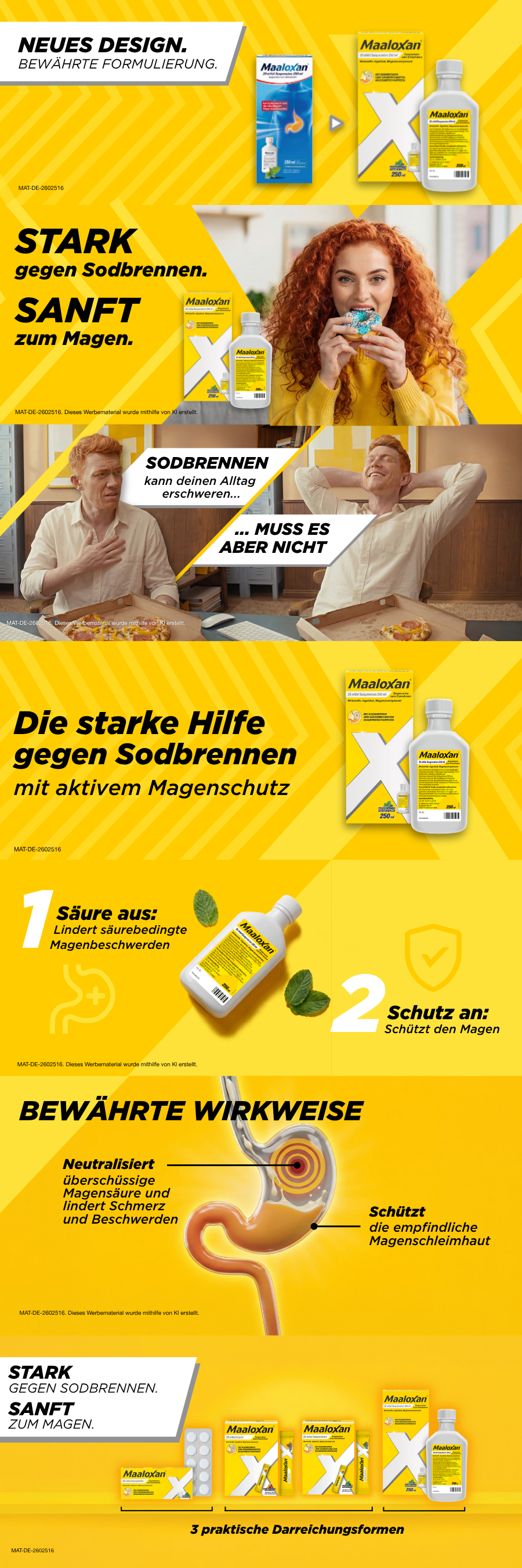 Maaloxan: Mann und älterer Mann essen Donuts. Text: Die Akuthilfe mit 3-fach Effekt bei Sodbrennen!