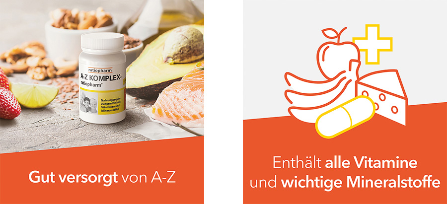 A-Z Komplex-ratiopharm Flasche neben Lebensmitteln: Avocado, Lachs, Nüsse, Erdbeeren, Limette. Text: Gut versorgt von A-Z.