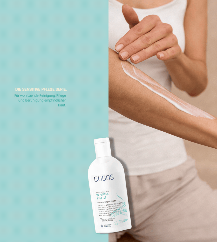 Person trägt Creme auf Arm auf. EUBOS Sensitive Pflege Lotion. Text: Die Sensitive Pflege Serie.