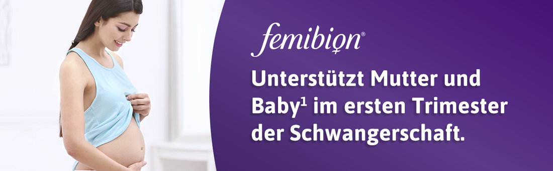 Kombination von Bildern: Femibion® 1 Packung, Tablette, Inhaltsstoffe, Frau mit Baby, etc.