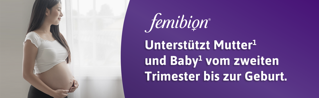 Schwangere Frau. Text: Femibion® unterstützt Mutter und Baby vom zweiten Trimester bis zur Geburt.