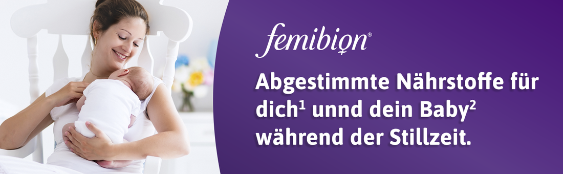 Frau mit Baby. Text: „Abgestimmte Nährstoffe für dich und dein Baby während der Stillzeit.“
