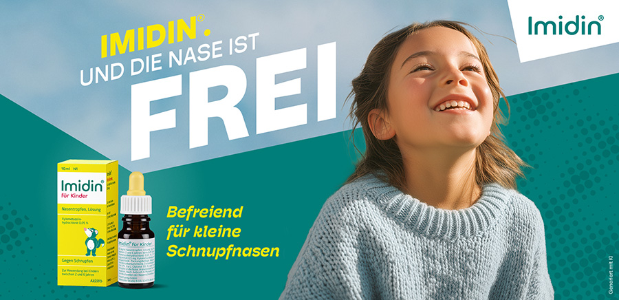 Lächelndes Kind vor blauem Himmel. Text: Imidin® und die Nase ist FREI. Produkt daneben.