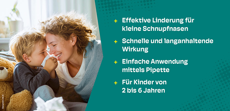 Mutter und Kind kuscheln. Liste mit Vorteilen: Effektive Linderung, schnelle Wirkung, einfache Anwendung, für Kinder.