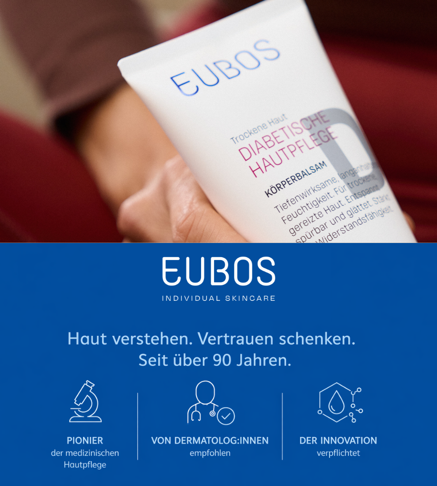 Drei EUBOS Tuben. Text: Körperpflege, Gesicht, Fuß & Bein. Diabetische Hautpflege Serie.