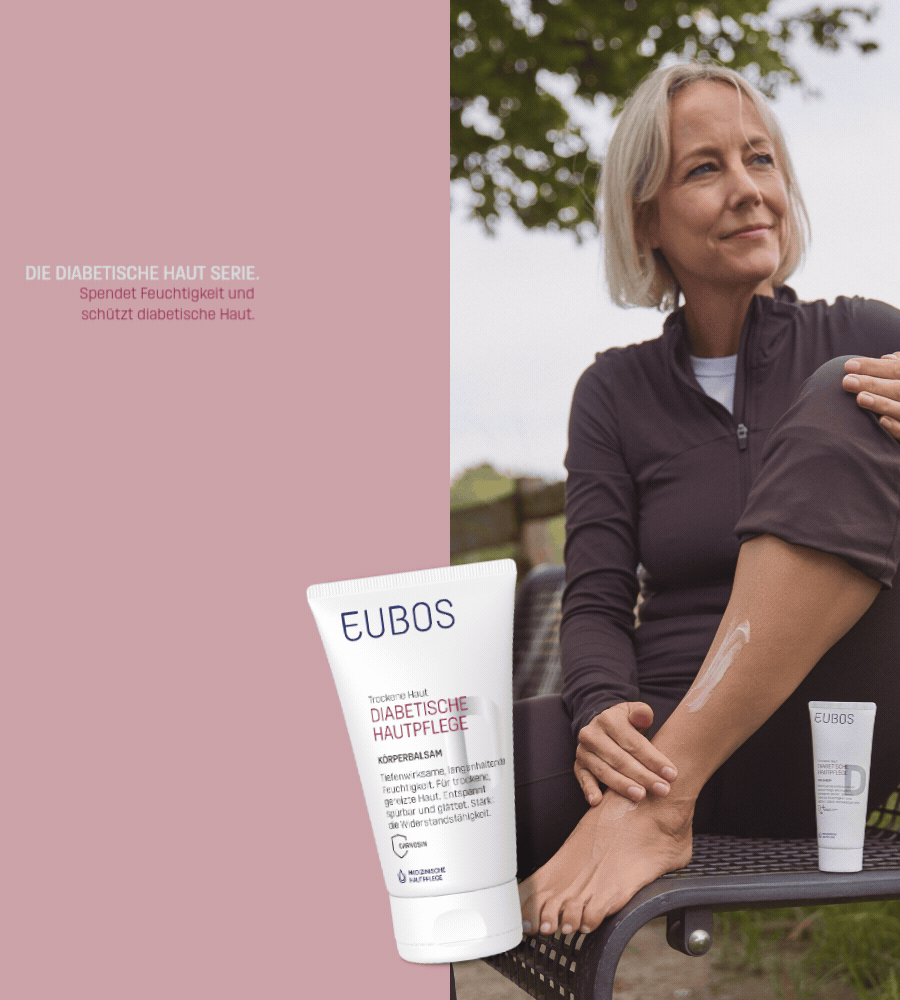 Frau mit Bein. Text: Repair- & Schutzbalsam für den Körper, für elastische und geschmeidige Haut.