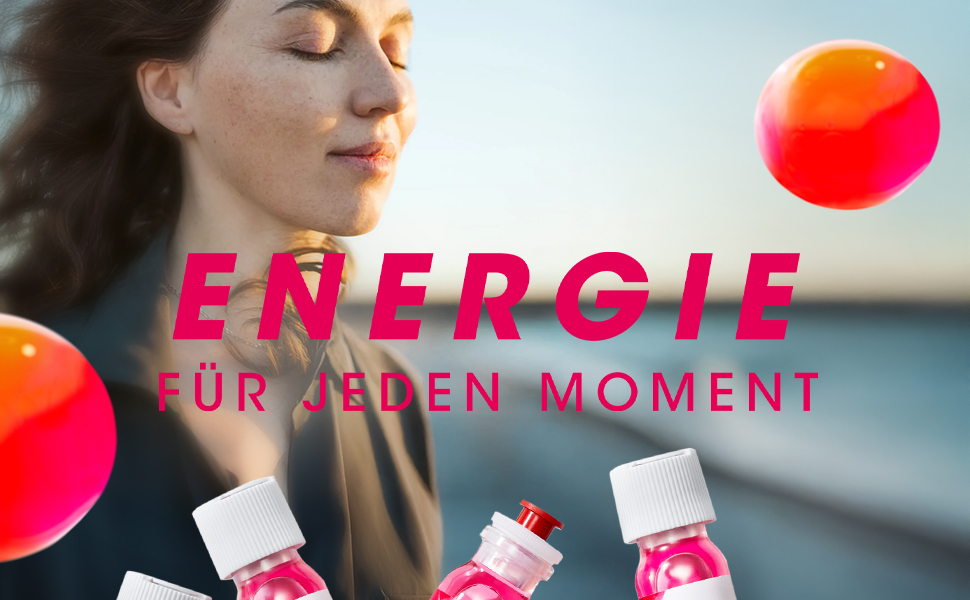 Frau mit geschlossenen Augen. Text: ENERGIE FÜR JEDEN MOMENT. Vitasprint B12 Trinkfläschchen.