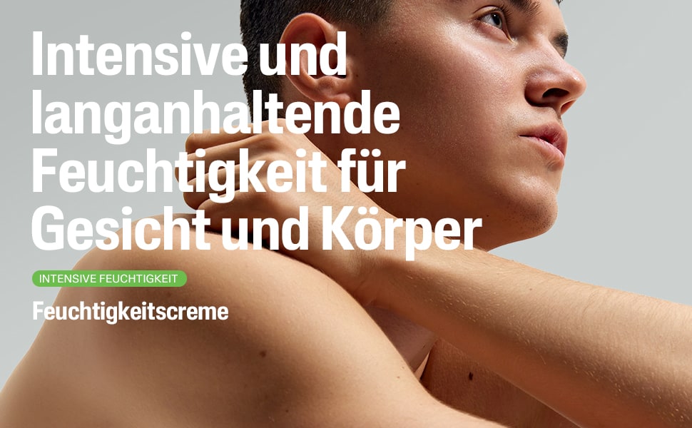 Frau trägt Creme auf Schulter auf. Text: Feuchtigkeitscreme. Regenerierende 48 Stunden Feuchtigkeitspflege.