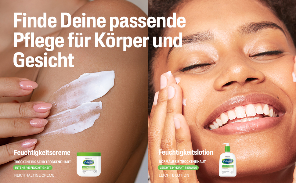Zwei Produkte: Feuchtigkeitscreme und Lotion. Text: Reichhaltige Creme und leichte Lotion. Für trockene Haut.