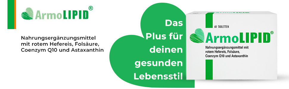 Armolipid® Packung und Text 'Das Plus für deinen gesunden Lebensstil'.
