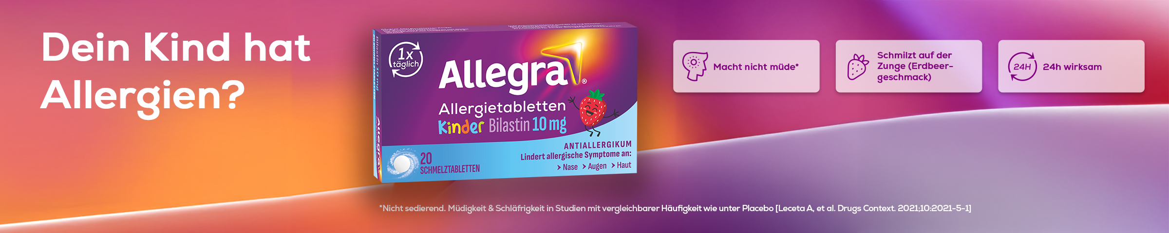 Banner: Dein Kind hat Allergien? Allegra Allergietabletten. Produktabbildung, Erdbeere, Vorteile.