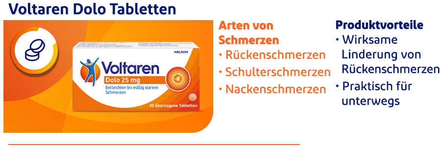 Packung Voltaren Dolo Tabletten. Text: Arten von Schmerzen: Rückenschmerzen, Schulterschmerzen, Nackenschmerzen.
