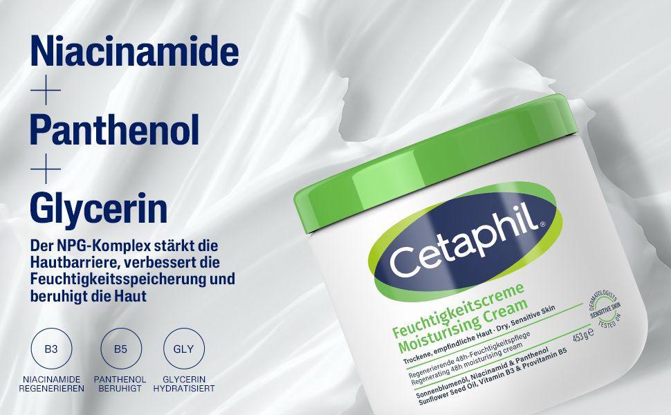 Hautpflege-Routine: Cetaphil Reinigungslotion, Reinigungsschaum, Feuchtigkeitscreme, Sonnenschutz.
