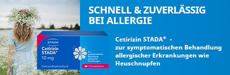 Banner: Frau im Feld, Packung Cetirizin STADA. Text: Schnell & zuverlässig bei Allergie.