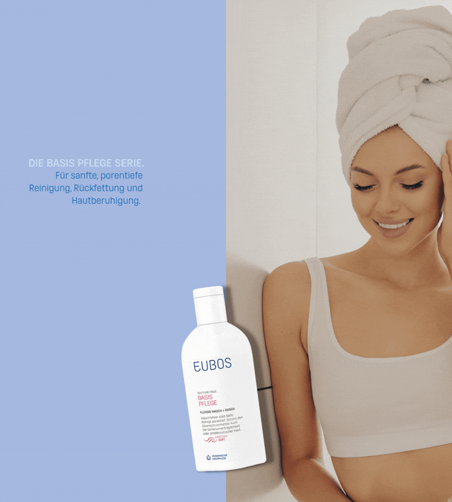 Frau unter der Dusche. Text: Sanfte Reinigung ohne Seife, pH-hautneutral, Allantoin & NMF.