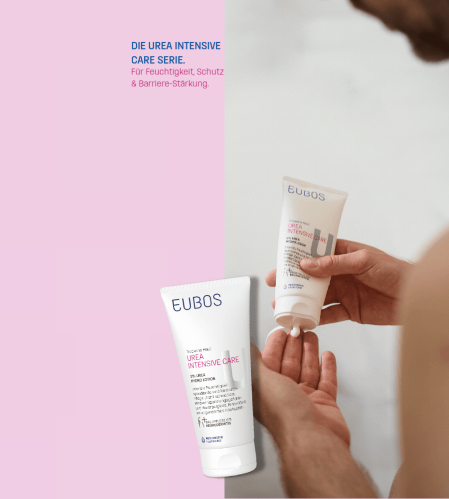 Mann mit Produkt. Text: Intensiv hydratisierende Pflege mit 5 % Urea, für trockene und raue Haut.