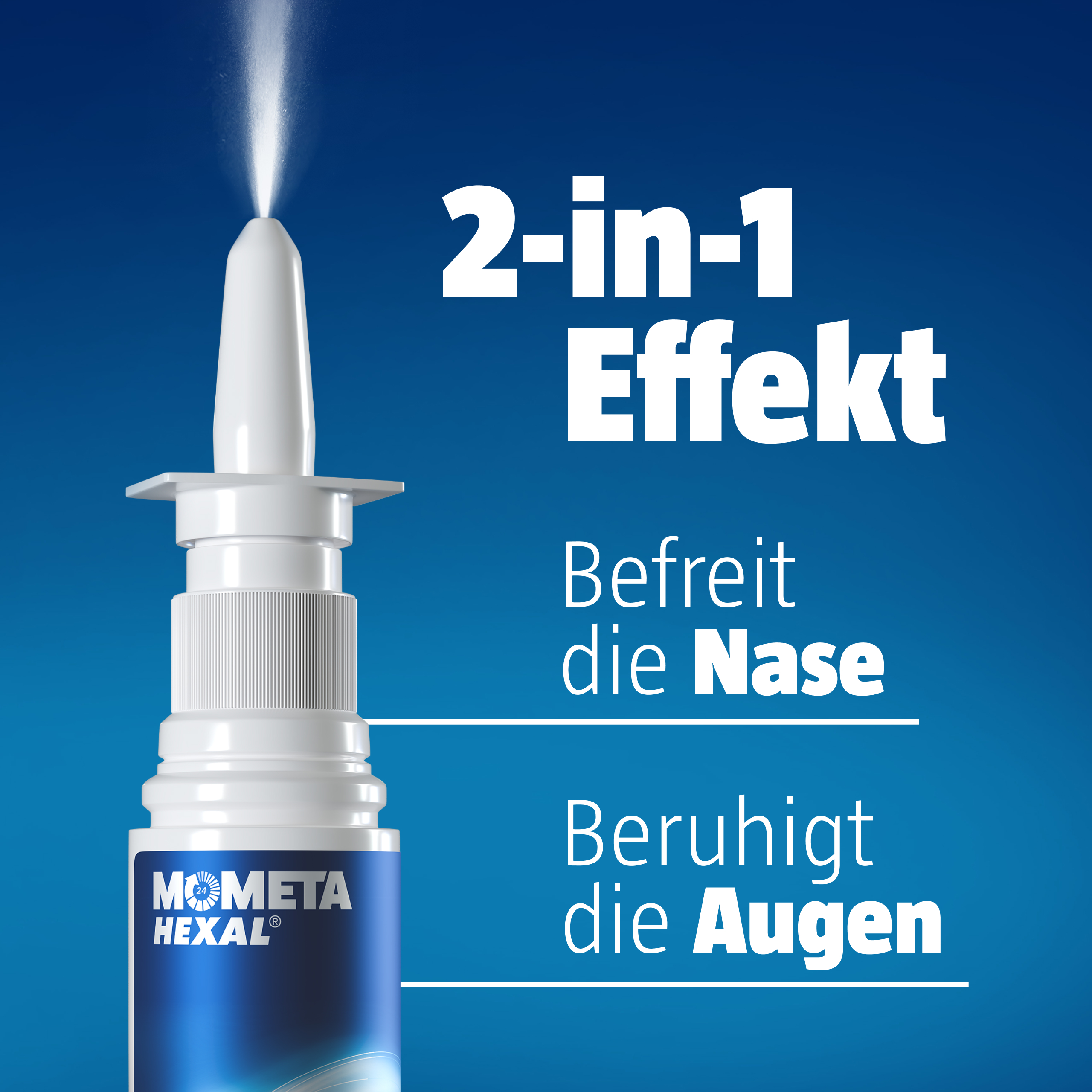 Nasenspray und Text. Aufschrift: 2-in-1 Effekt, Befreit die Nase, Beruhigt die Augen.