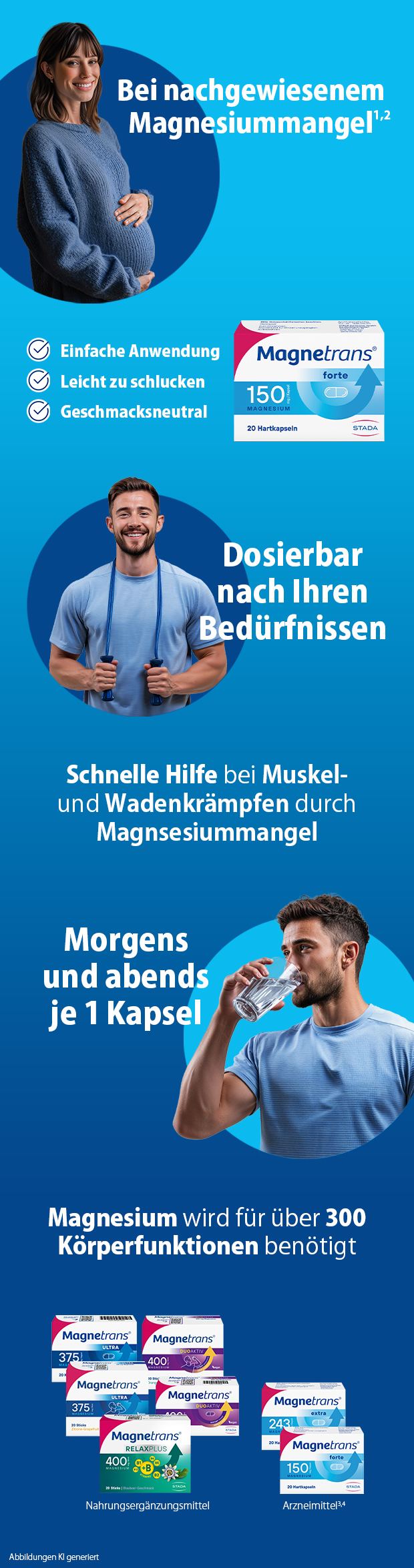 Werbebild mit verschiedenen Szenen. Produktabbildungen, Frau, Mann, Text: Bei Magnesiummangel.