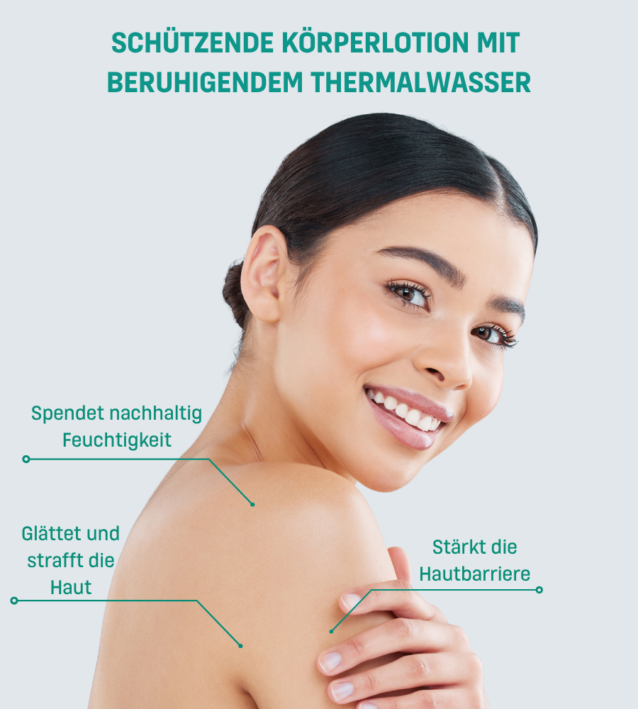 Frau mit Lotion auf der Schulter. Text: Schützende Körperlotion mit beruhigendem Thermalwasser. Türkisfarbener Hintergrund.