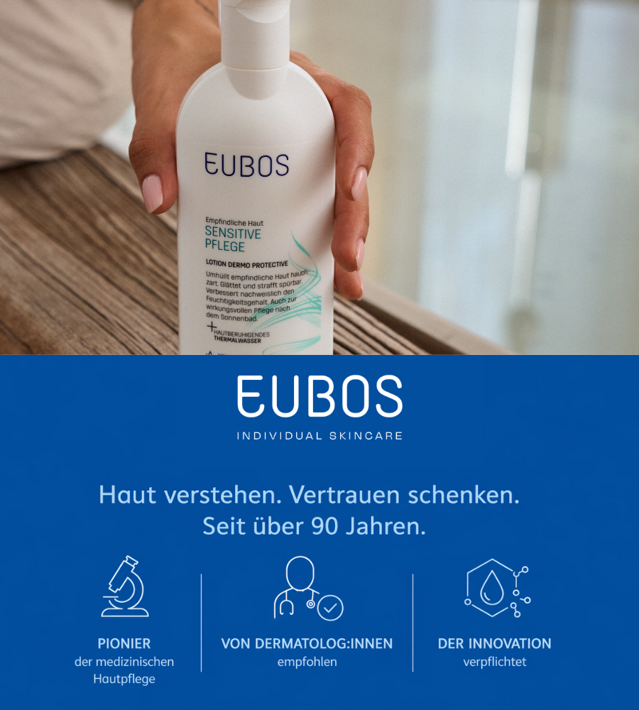 EUBOS Individual Skincare. Frau hält Lotion. Text: Haut verstehen. Vertrauen schenken. Seit über 90 Jahren.