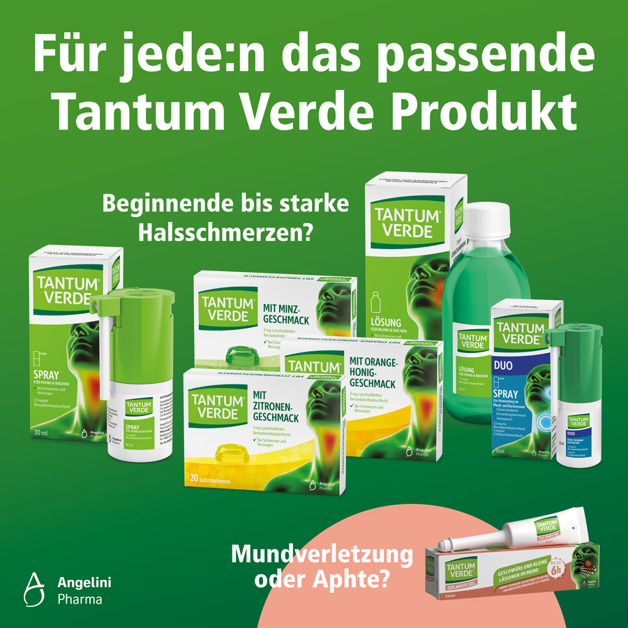 Tantum Verde Spray, 30 ml, mit Verpackung. Grüne Sprühflasche neben der Kartonverpackung.