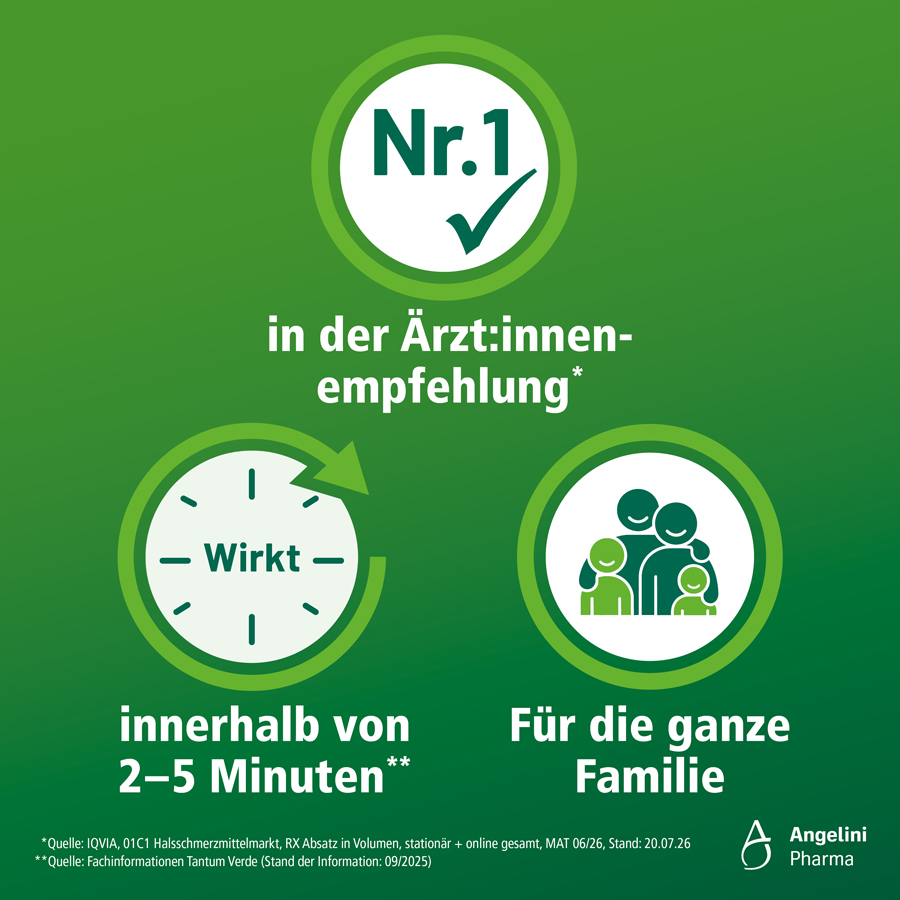 Tantum Verde Spray, 30 ml, mit Verpackung. Grüne Sprühflasche neben der Kartonverpackung.