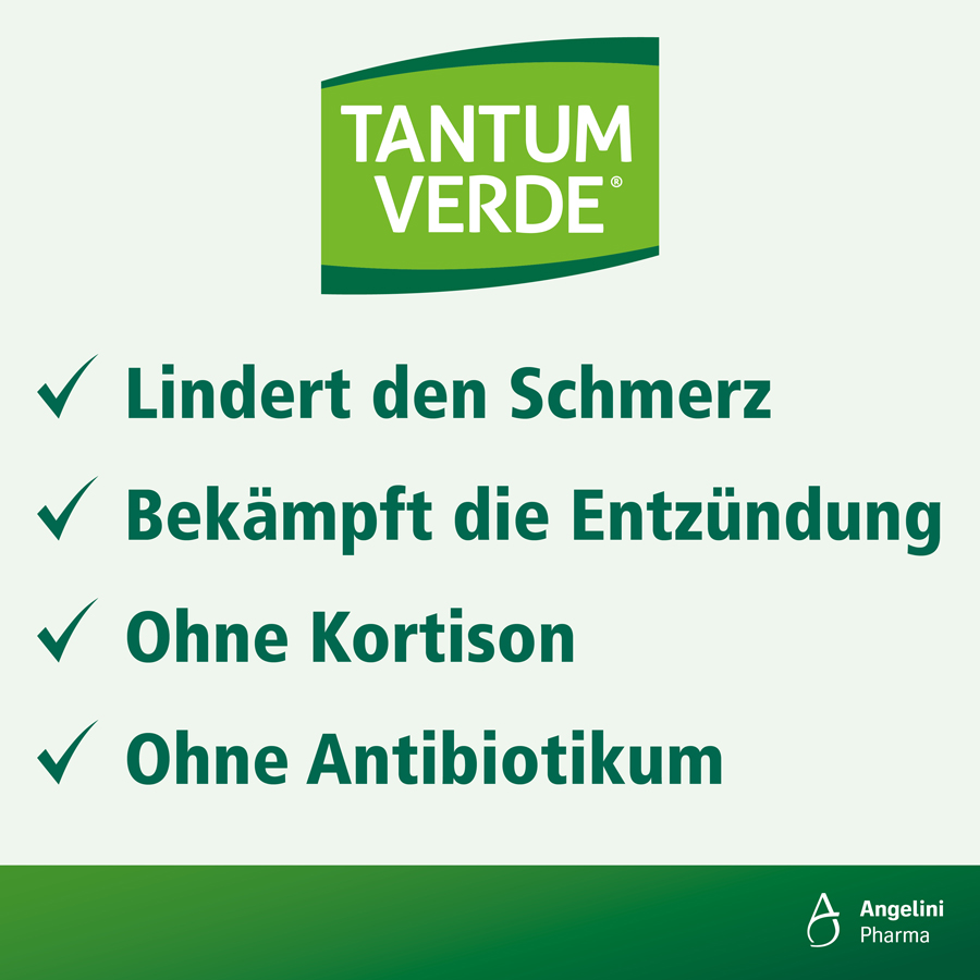 TANTUM VERDE: Lindert Schmerz, bekämpft Entzündung. Ohne Kortison, ohne Antibiotikum.