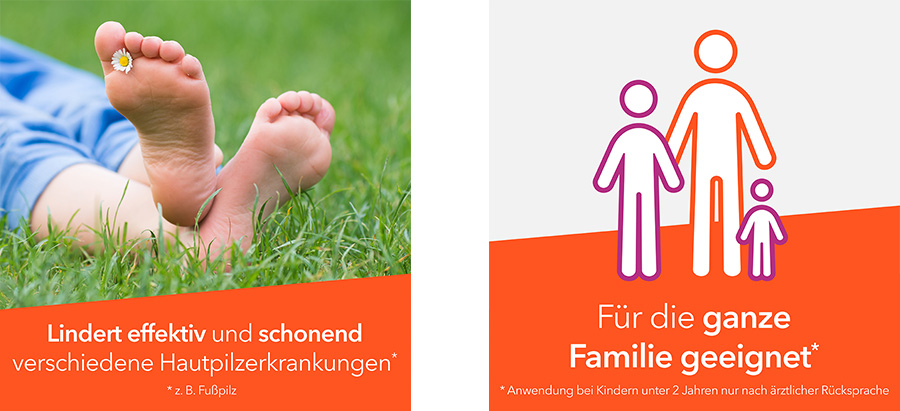 Symbol eines Schildes, das Pilze abwehrt, und ein Kalender mit '2x'. Text: Stoppt Pilzwachstum und tötet Pilze ab. Nur 2-mal täglich aufsprühen.