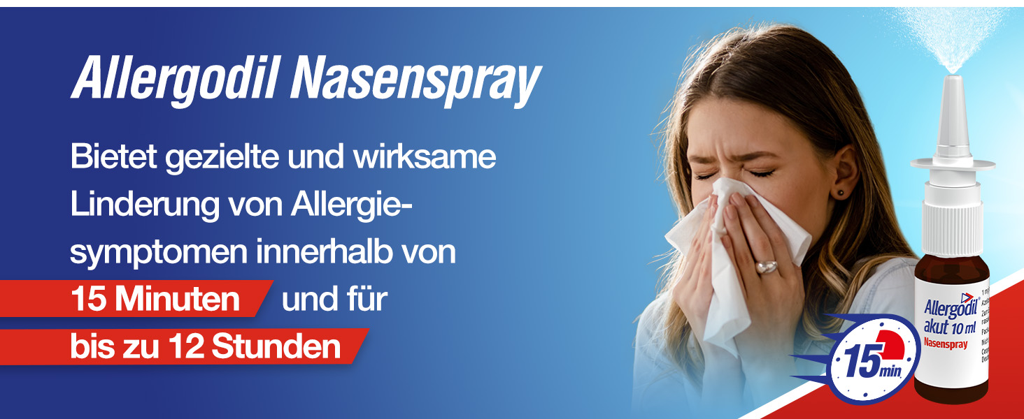 Frau niest in zakdoek, naast een flesje Allergodil akut Nasenspray 10 ml. Tekst: Allergodil Nasenspray en 15 Minuten.
