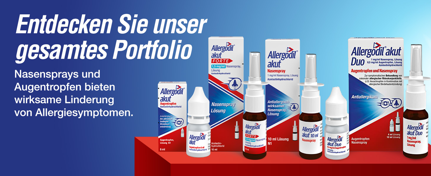 Sortiment von Allergodil Nasensprays und Augentropfen in verschiedenen Packungsgrößen und Ausführungen.
