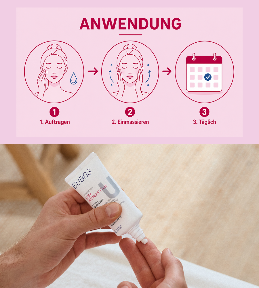 Anwendung der EUBOS Urea Intensive Care Gesichtscreme. 3 Schritte.