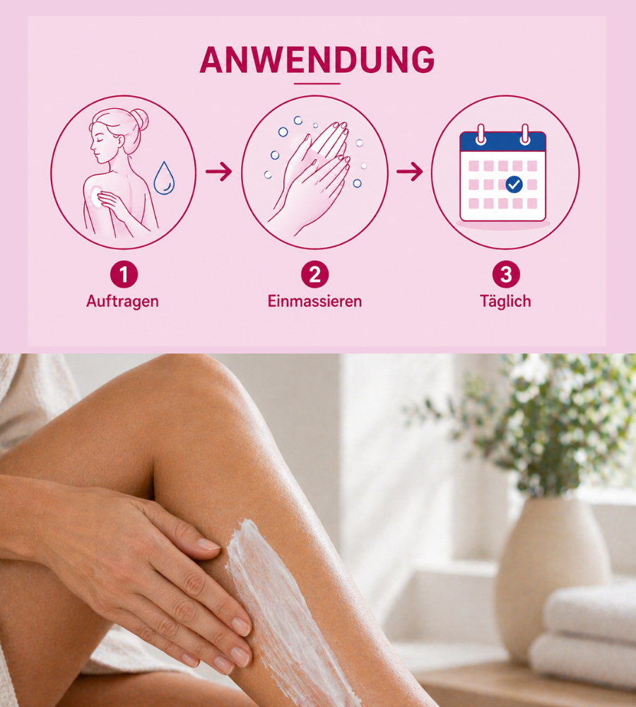 Anwendungsschritte: Auftragen, einmassieren, täglich.