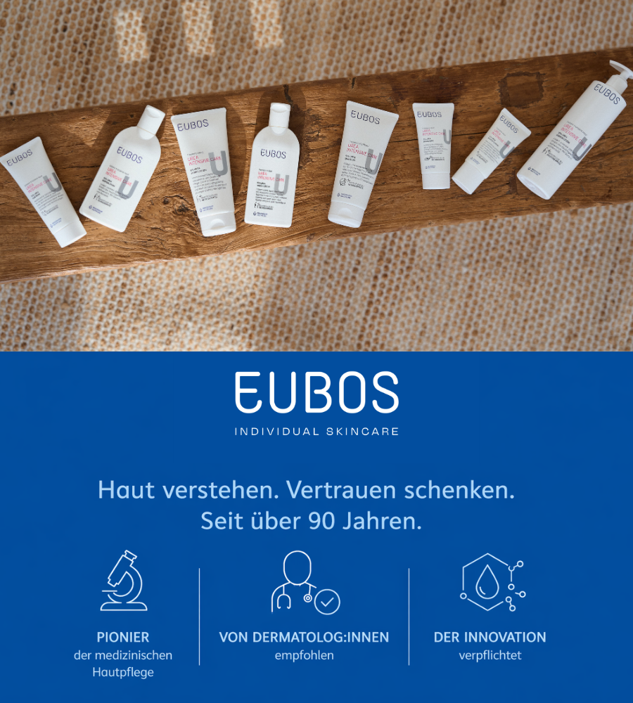 EUBOS Produkte auf Holz. Text: Haut verstehen. Vertrauen schenken. Seit über 90 Jahren.