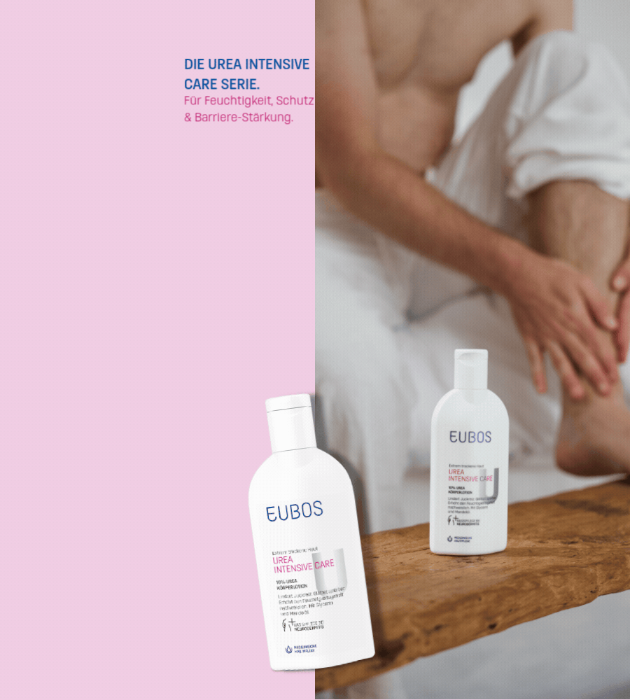 EUBOS Urea Intensive Care Produkte auf Holz. Text: Die Urea Intensive Care Serie.
