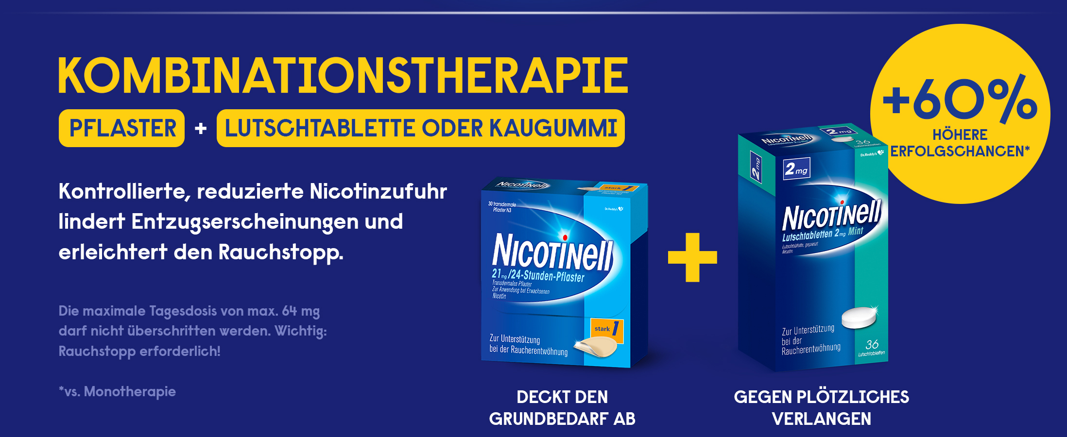 Nicotinell Produkte: Kombi-Therapie erhöht Erfolgschancen um 60%.