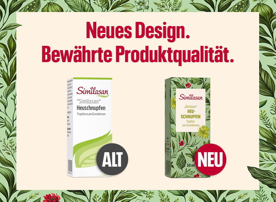 Vergleich: Altes und neues Design von Similasan Heuschnupfen Tropfen.
