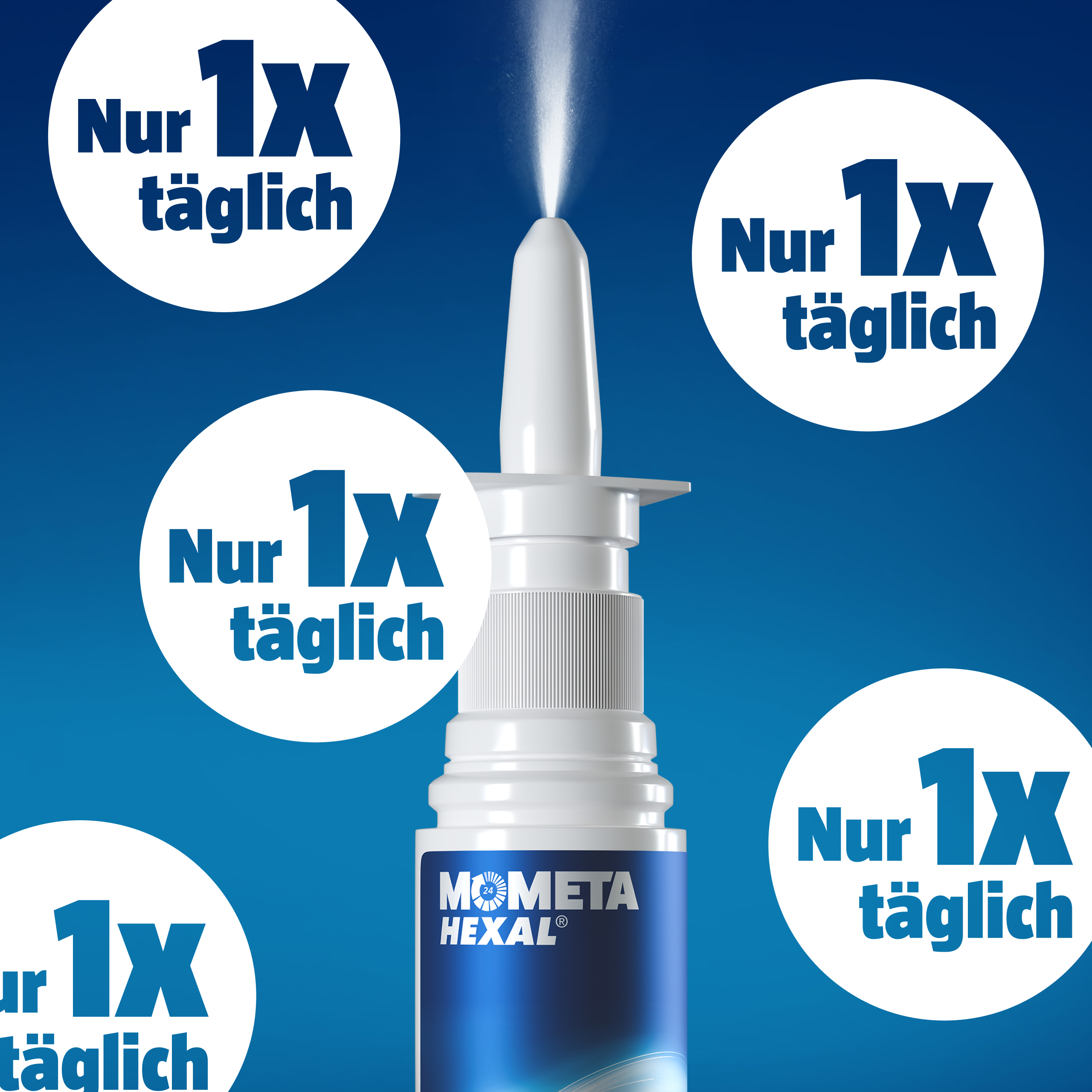 Nasenspray und Kreise mit Text. Aufschrift: Nur 1x täglich.