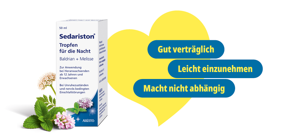 Sedariston Tropfen für die Nacht. Verpackung und gelbes Herz. Text: Gut verträglich, leicht einzunehmen.