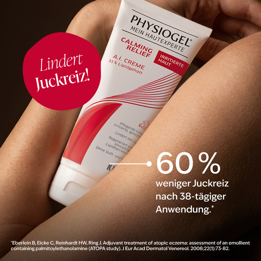 Tube PHYSIOGEL® Calming Relief A.I. Creme in Händen. A.I. statt Cortison.