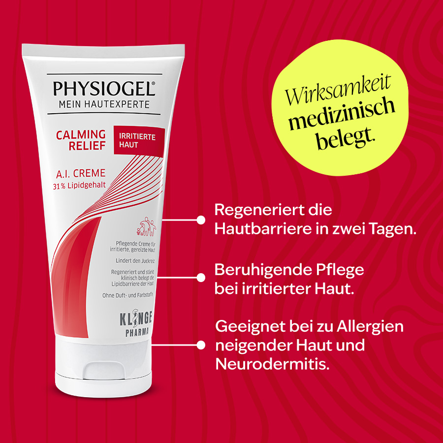 Tube PHYSIOGEL® Calming Relief A.I. Creme auf Haut. Lindert Juckreiz!.
